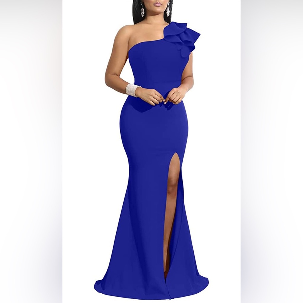 💙 Sleeveless One Shoulder Ruffle High Split Evening Long Formal Dress 💙